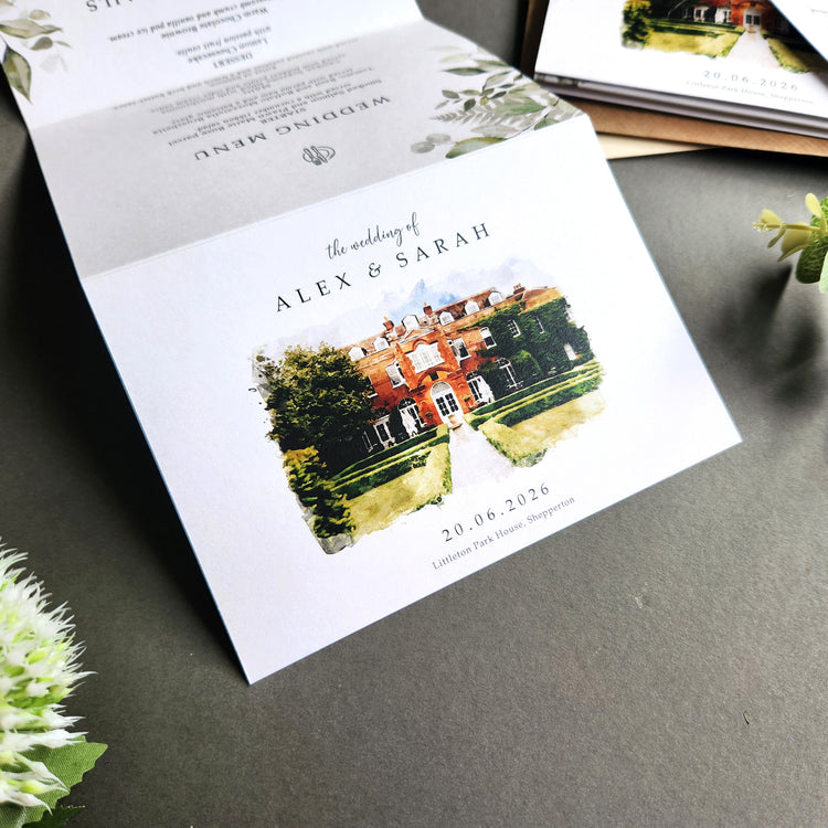 Venue wedding invitations feature a watercolour illustration painting effect of your wedding venue.