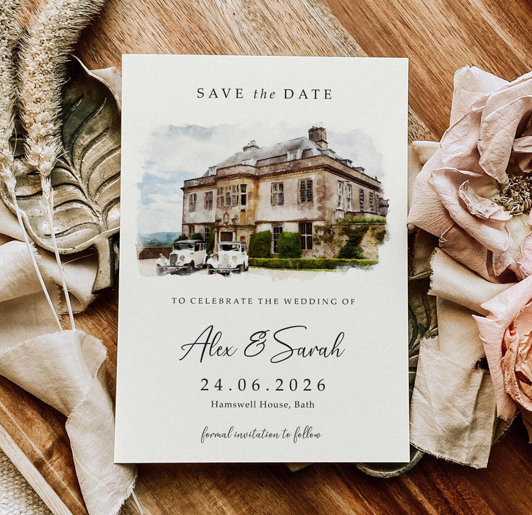 venue illustration save the date cards including envelopes, venue sketch watercolour save the dates or save the evening