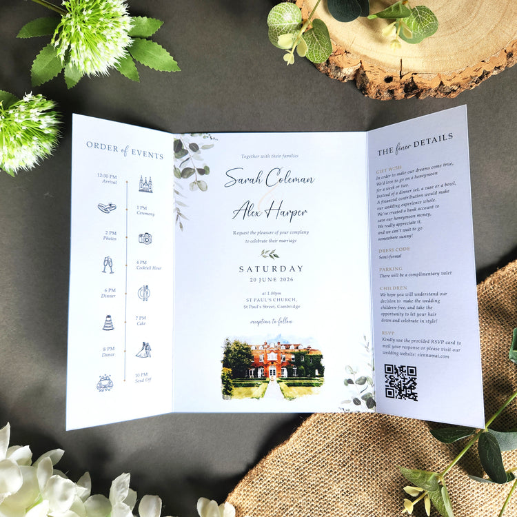 venue gatefold wedding invitations with watercolour illustration painting of your wedding venue. Wedding come with choice of envelopes.