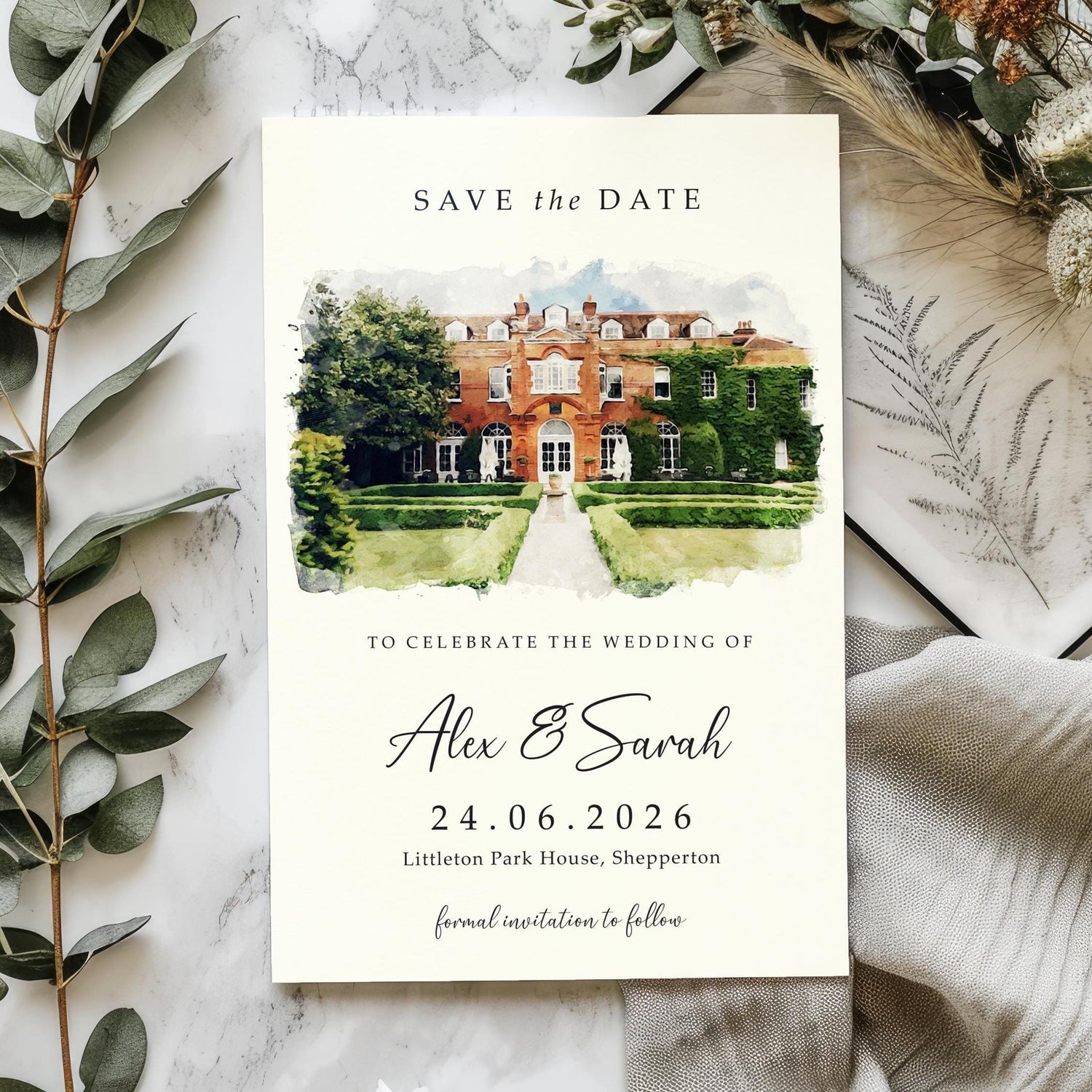 venue watercolour save the date cards with envelopes, venue illustration sketch painting for a wedding venue as a save the date or save the evening