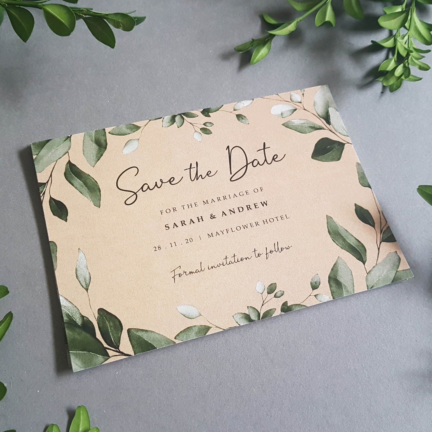 Rustic eucalyptus save the date cards