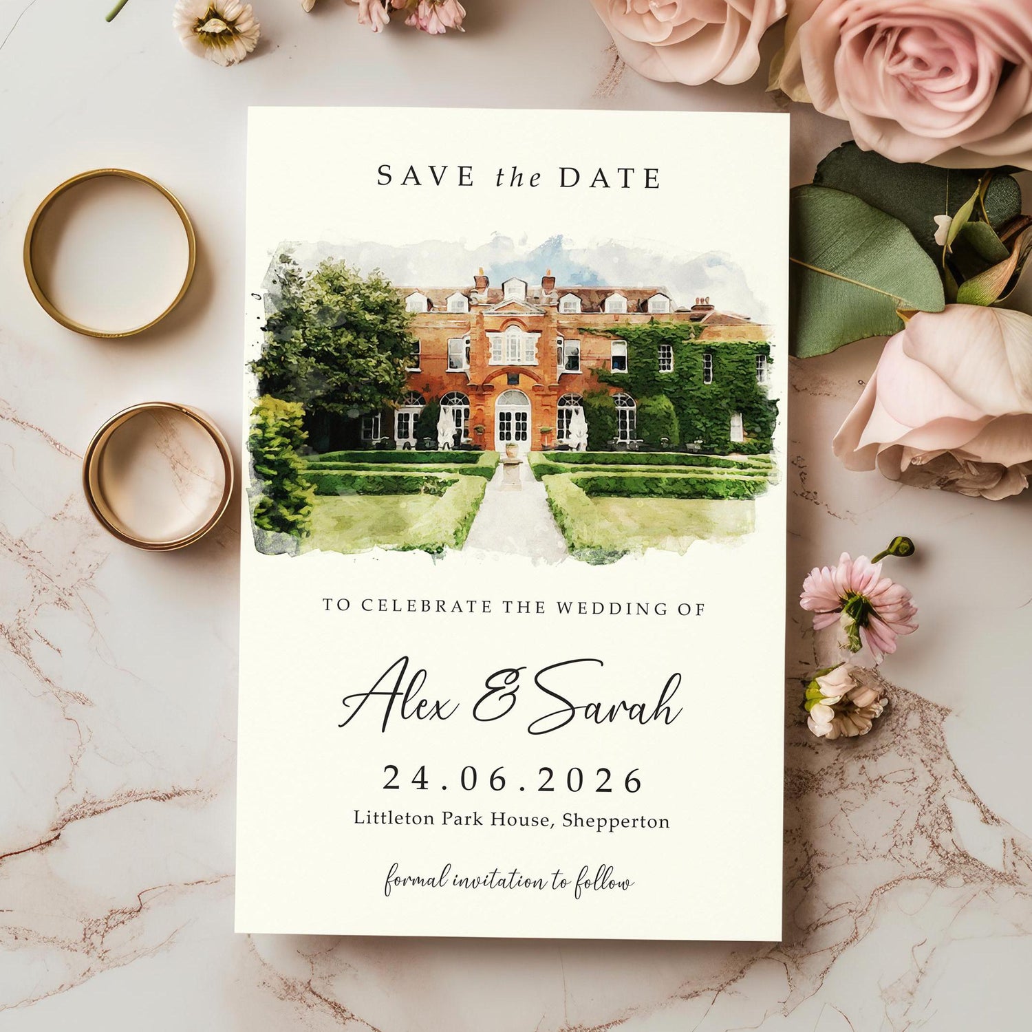 venue illustration save the date cards including envelopes, venue sketch watercolour save the dates or save the evening