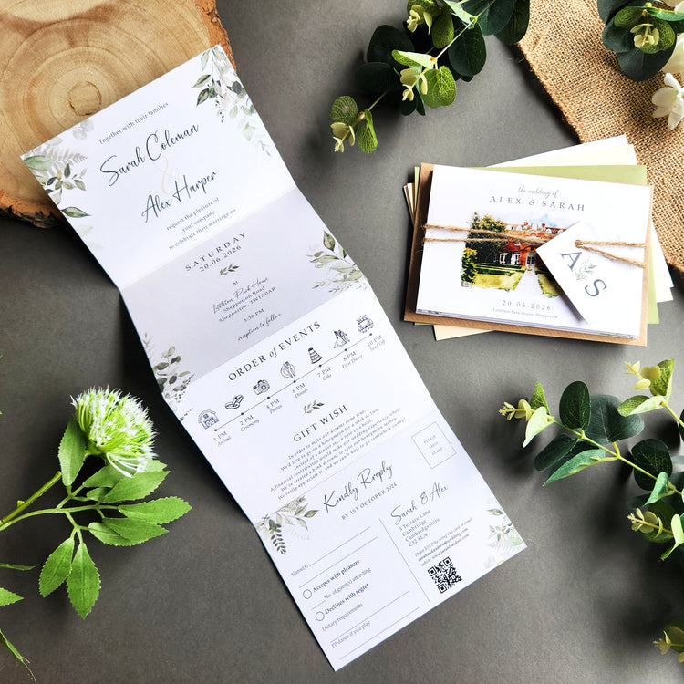 Venue wedding invitations feature a watercolour illustration painting effect of your wedding venue.