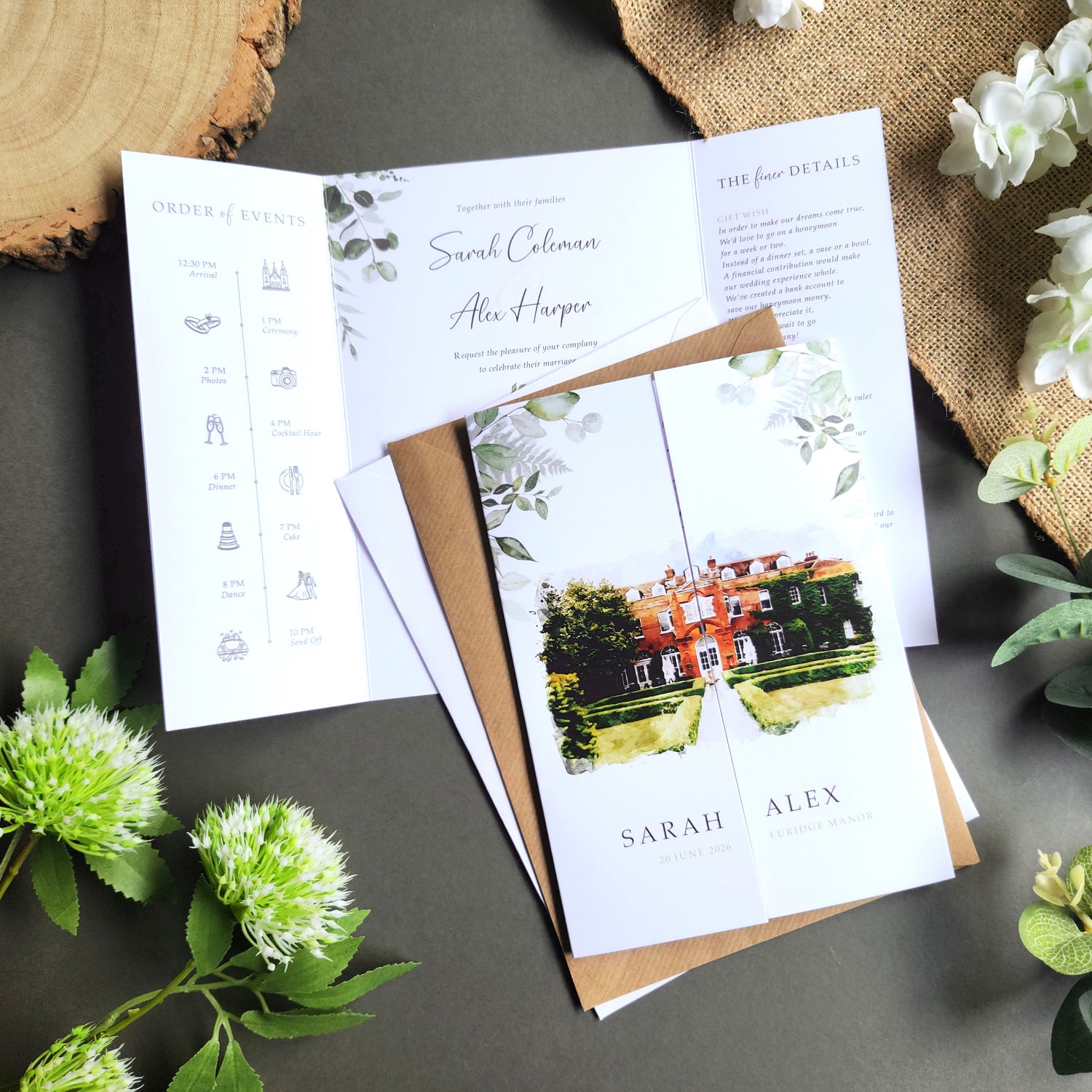 venue gatefold wedding invitations with watercolour illustration painting of your wedding venue. Wedding come with choice of envelopes.