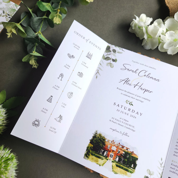 venue gatefold wedding invitations with watercolour illustration painting of your wedding venue. Wedding come with choice of envelopes.