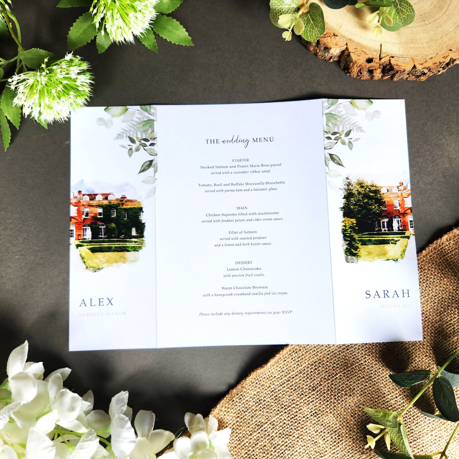 Venue gatefold wedding invitations feature a watercolour illustration painting effect of your wedding venue.