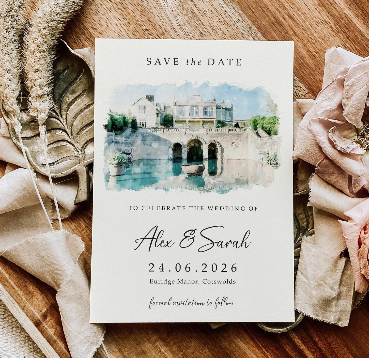 venue illustration save the date cards including envelopes, venue sketch watercolour save the dates or save the evening