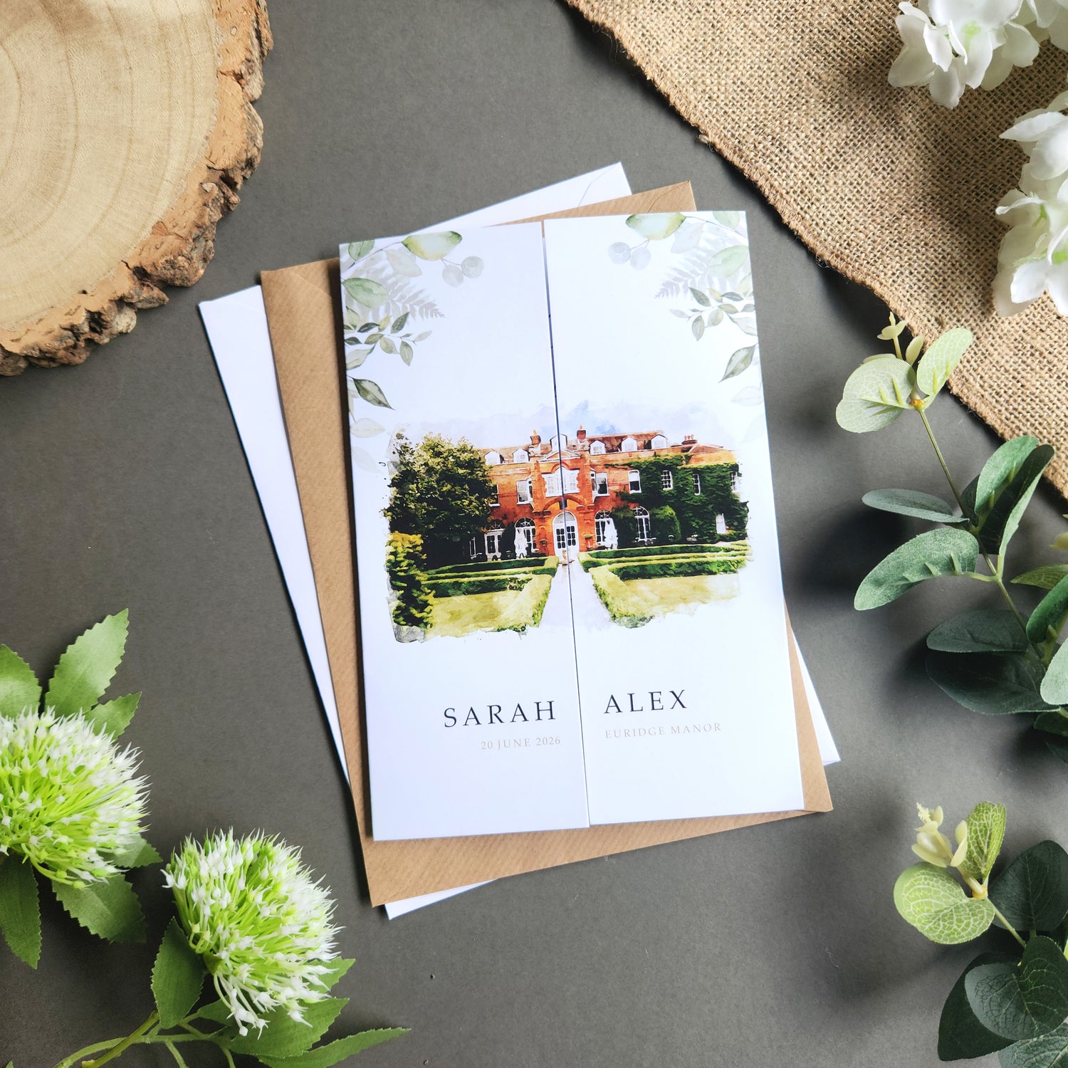 venue gatefold wedding invitations with watercolour illustration painting of your wedding venue. Wedding come with choice of envelopes.