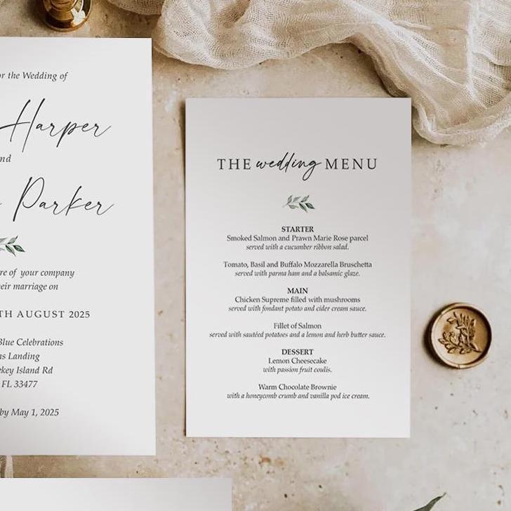 Wedding menu invitation set