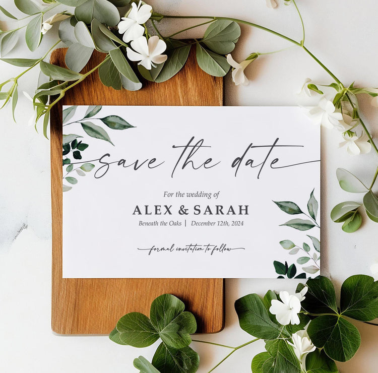 Greenery Save the Date Cards or Save the Evening with Envelopes - Leafy Save the Dates Wedding Announcement