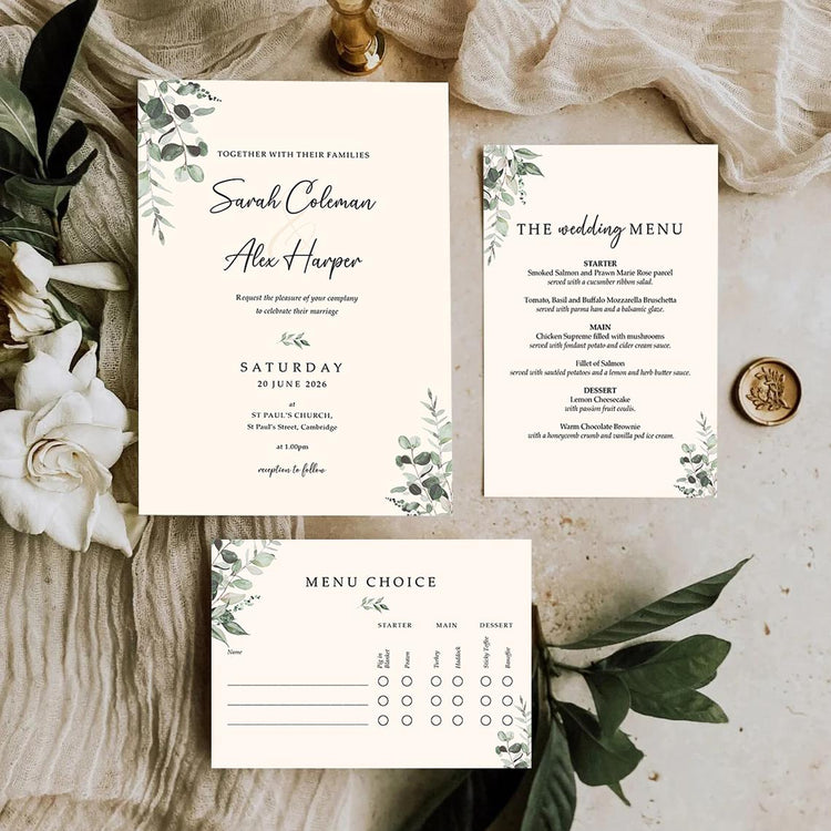 Venue wedding invitation set with envelopes, Watercolour illustration painting wedding invites, Finer Details, Menu Choices, RSVP & Menu