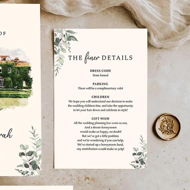 Venue wedding invitation set with envelopes, Watercolour illustration painting wedding invites, Finer Details, Menu Choices, RSVP & Menu