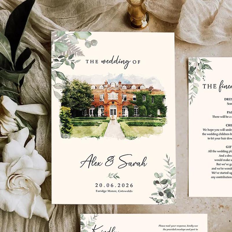 Venue wedding invitation set with envelopes, Watercolour illustration painting wedding invites, Finer Details, Menu Choices, RSVP & Menu